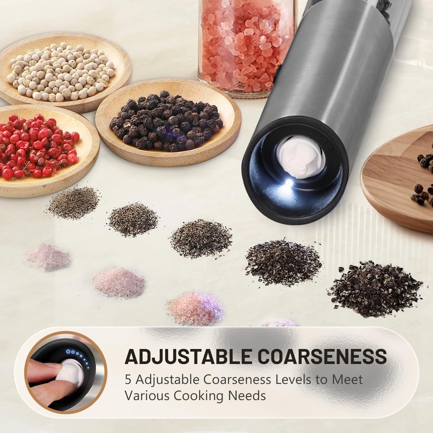 Solisifime Gravity Electric Salt and Pepper Grinder Set, USB Rechargeable Stainless Steel Mills with Large Capacity Tall Glass, LED Light, Adjustable Coarseness, Ideal for Kitchen and Dining(2PCS)