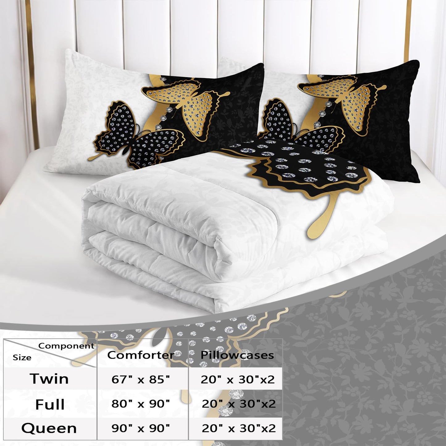 AILONEN Butterfly Comforter Set Queen Size, Black Gold Butterfly Diamonds Pattern Bedding Set for Girls Adults,Luxury Black White Soft Lightweight Duvet Set 3 Pieces(1 Comforter + 2 Pillowcases)