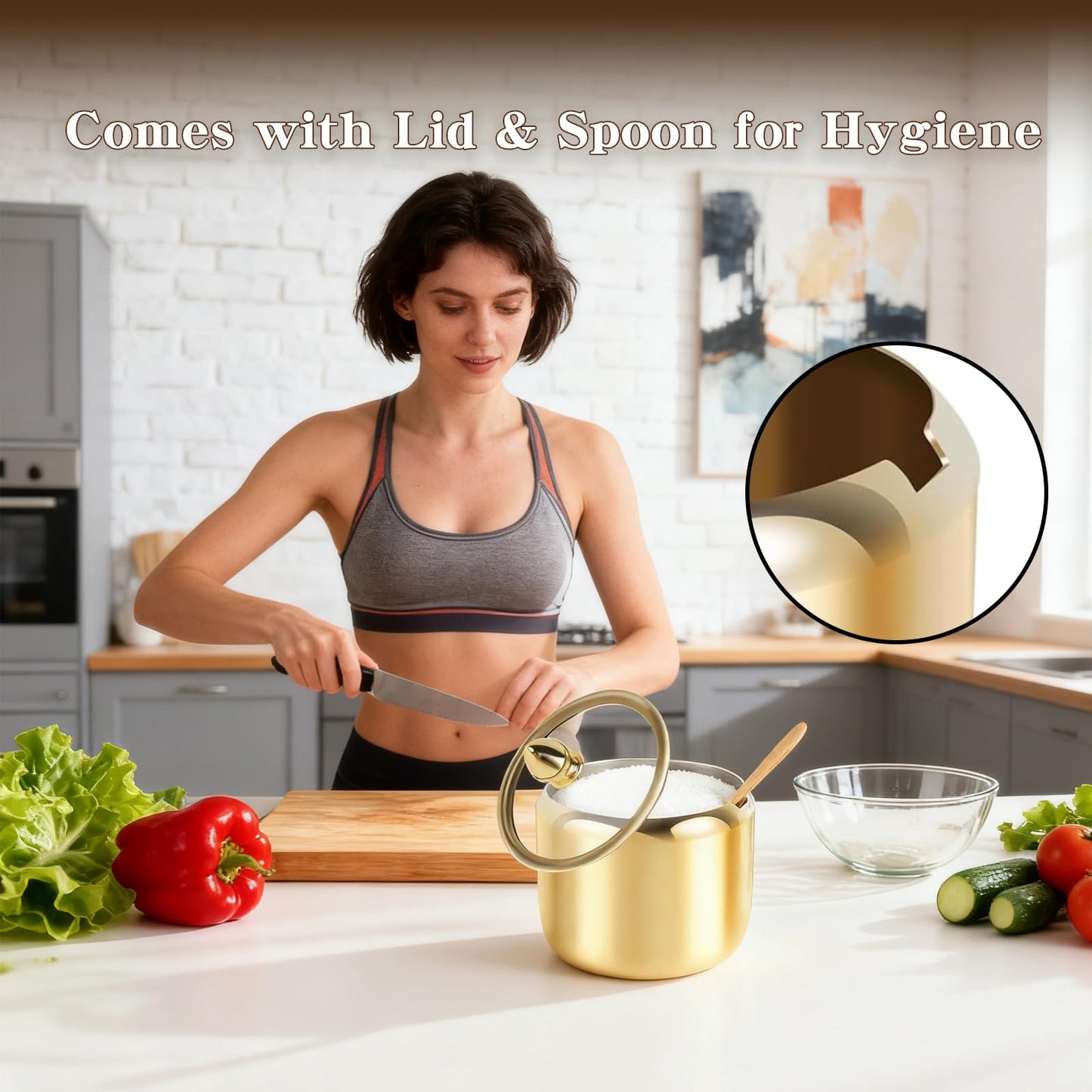 HPZIHYNAP 2 Pack Sugar Bowl with Lid and Spoon - 10oz Gold Stainless Steel Sugar Container, Coffee Bar Accessory for Kitchen & Home, Stores Salt & Candy