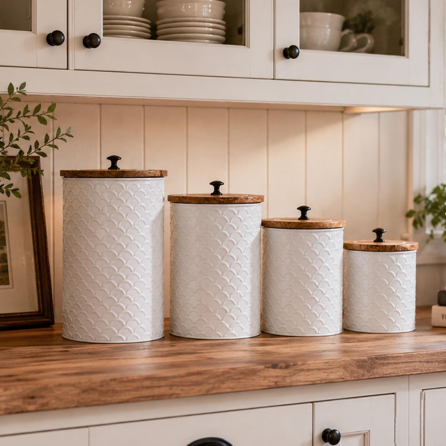MODE HOME White Metal Kitchen Canister Set of 4 with Wooden Lids, Embossed Fish Scale Storage Containers for Coffee, Tea, Candy & Pet Treats, Farmhouse Decorative Food Jars