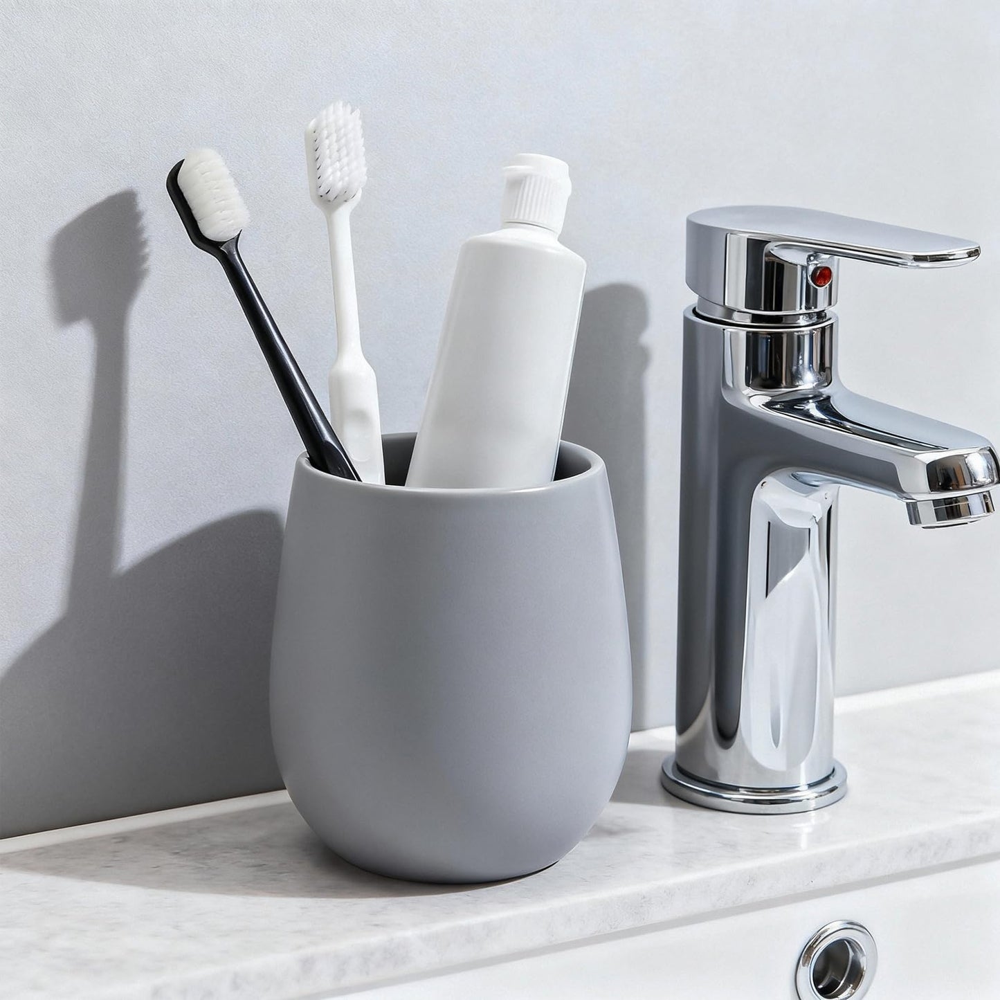 Grey Ceramic Toothbrush Holder - 11Oz Small Bathroom Tooth Brushing Holders, Reusable Mouthwash Cup, Toothpaste Holder, Makeup Brush Holder, Pen Holder for Bathroom Countertop, 1PC