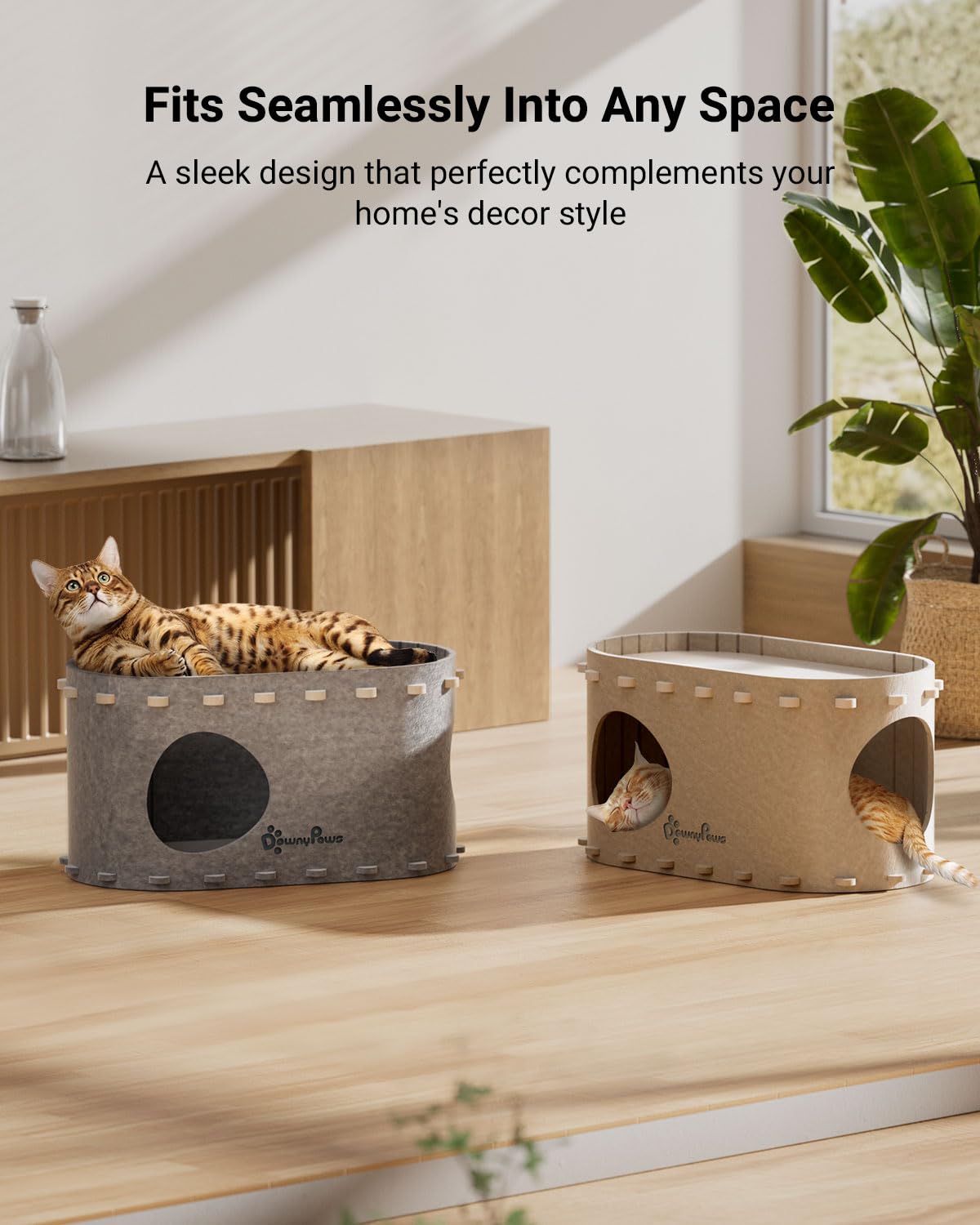 DownyPaws Cat House for Indoor Cats, Cat Bed Cave for Multiple & Large Cats Up to 22 Lbs, Scratch Resistant Peekaboo Cat Caves, Foldable Cat Tunnel Enclosed Bed, PeekaPurr, Cream