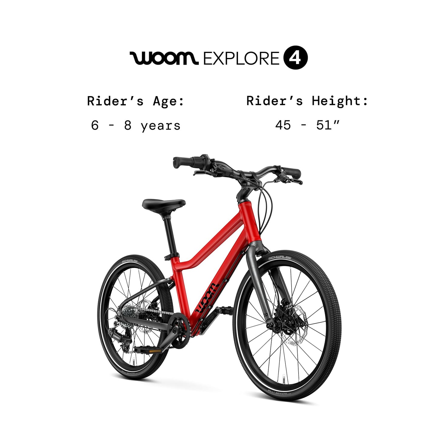woom Explore 4 Kids’ Bicycle, 20-Inch, 7-Speed Twist Shifter for Advanced Riders, Road & Mountain Ready Bike with Powerful Disc Brakes for Boys & Girls - Red