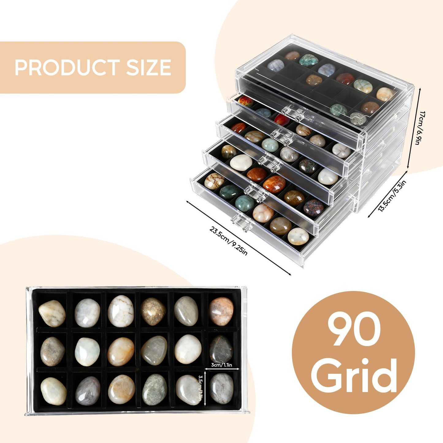 Rock Collection Box, 5 Layer 90 Grids Rock Collection Display Case, Crystal Display Shelf, Rock, Gemstone Display Case, Acrylic Clear Organizer for Gemstone Fossil Stone Display