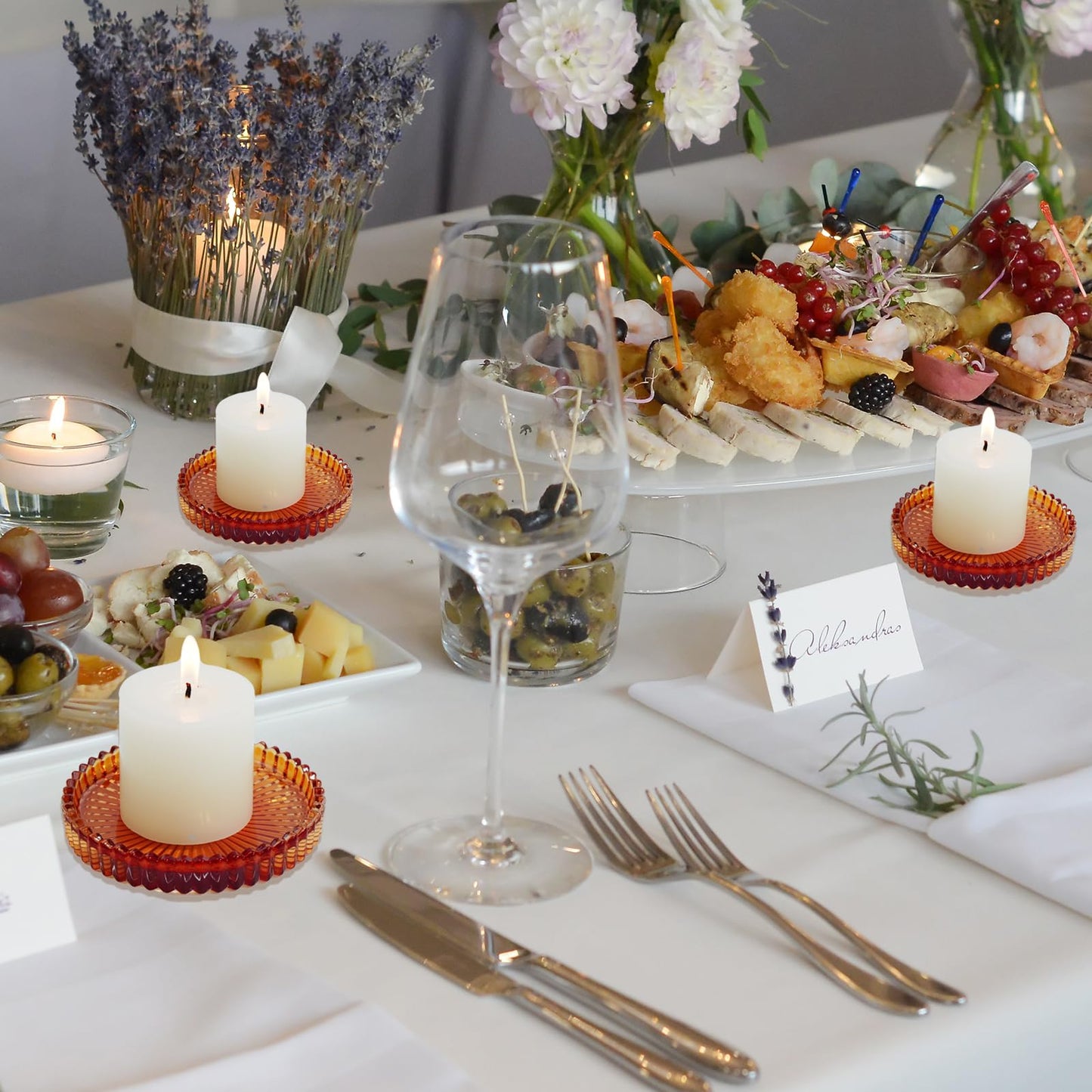 Jollyhilan Candlestick Glass Candle Holder Plates Set of 6, Round Glass Candle Tray Plates for Dining Wedding Lantern Festival Party Evening Light, Amber