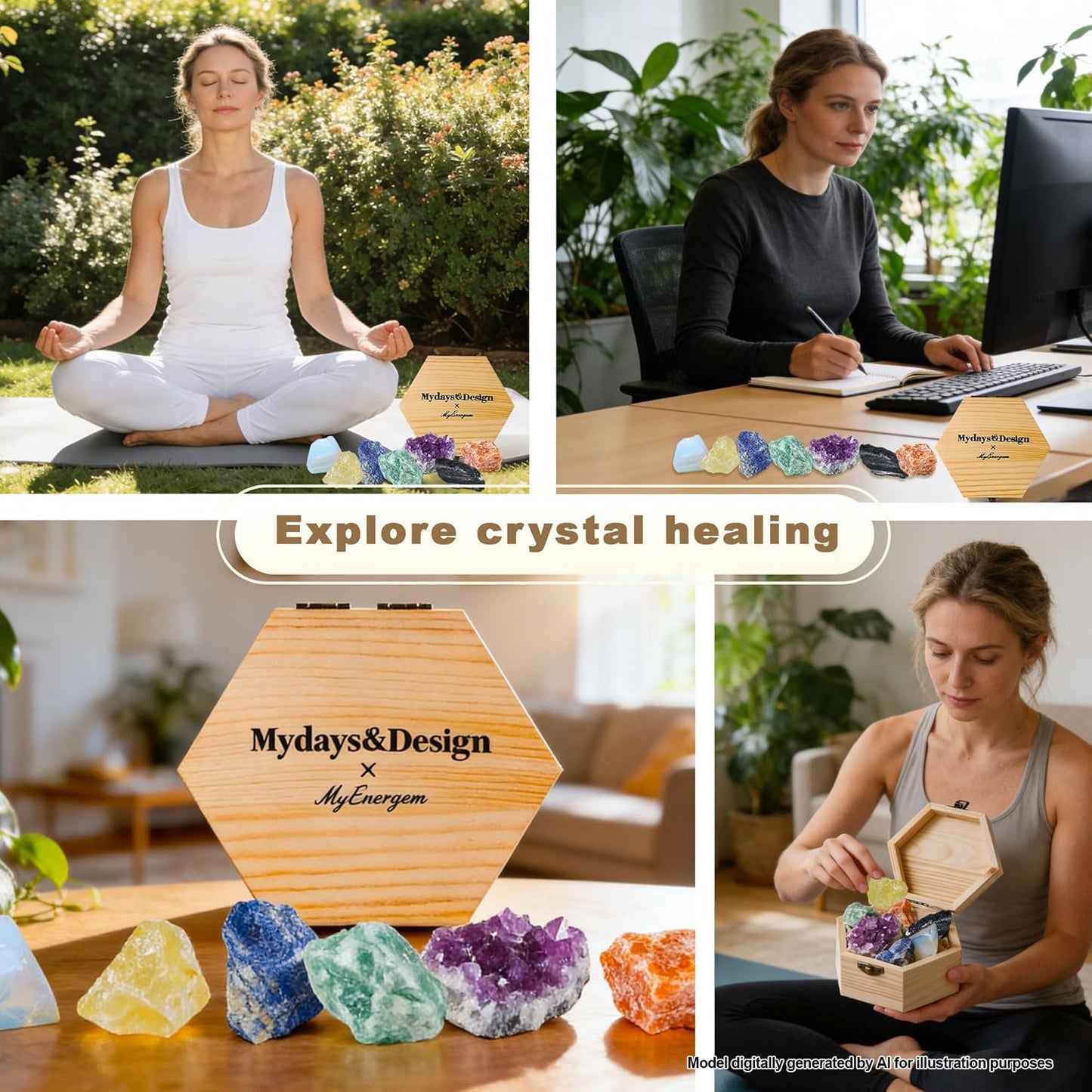 MYDAYS&DESIGN 7 Chakra Crystals Set for Meditation, Yoga Decor Gift with Amethyst Cluster, Lapis Lazuli, Green Aventurine, Citrine, Sunstone, Black Tourmaline, Crafted Box and Guide Book