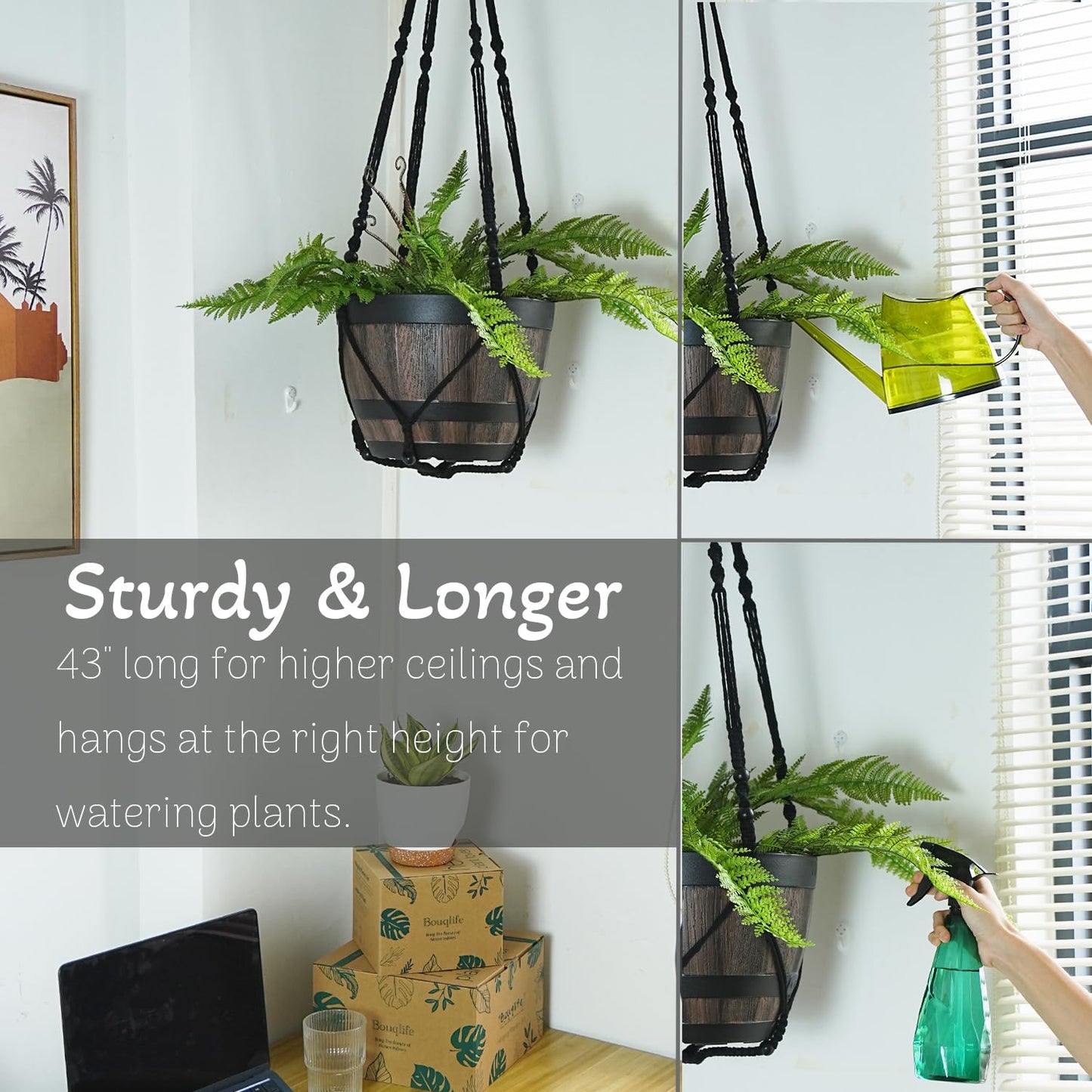 Bouqlife Large Macrame Plant Hanger Black 43 Inch Long for up to 12 Inch Pot No Tassel Cotton Rope Hanging Basket Plant Holder with Heavy Duty Ceiling Hooks