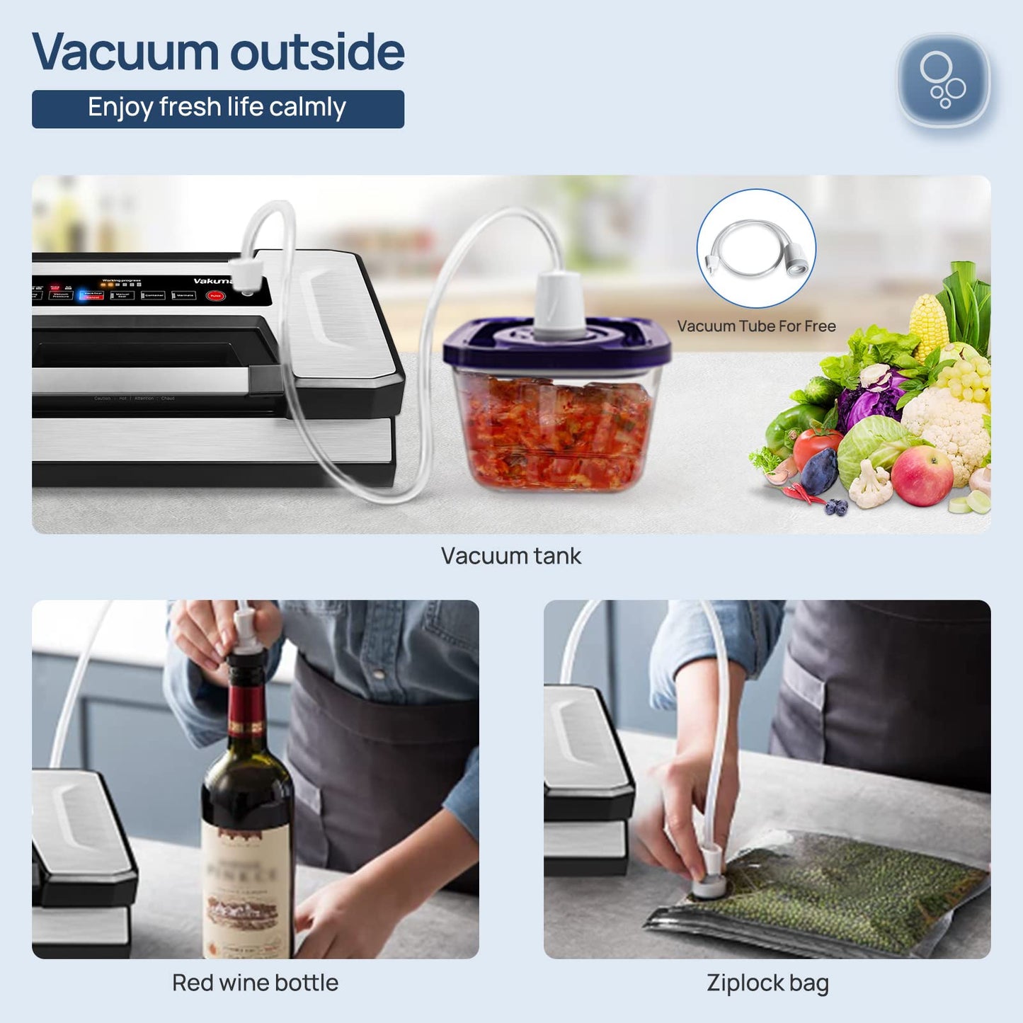 Vakumar Vacuum Sealer Machine, 90Kpa Liquid Food Vacuum Sealer Machine Preservation Dry/Moist/Liquid Modes, LED Indicator Light, Handle Locked Design, Built-in Cutter and Bag Storage, Starter Kit