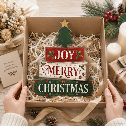 4 Pcs Christmas Decor Joy Merry Christmas Wooden Block Signs Farmhouse Rustic Tabletop Centerpiece Xmas Tiered Tray Decor with Green Tree for Home Kitchen Mantel Shelf Party Gift