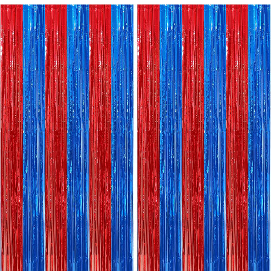 2 Pack Red and Blue Foil Fringe Curtains Photo Booth Prop Tinsel Streamer Backdrops Birthday Party Supplies Bachelorette Bridal Wedding Baby Shower Graduation Party Decorations, 3.3 x 6.6 ft