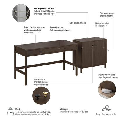 Bush Home 54-Inch Writing Desk with 2 Door Low Storage Cabinet, Computer Study Laptop Table Workstation, Drawers and Adjustable Shelves, Home Office Furniture Set, Avery Collection, Chocolate Birch