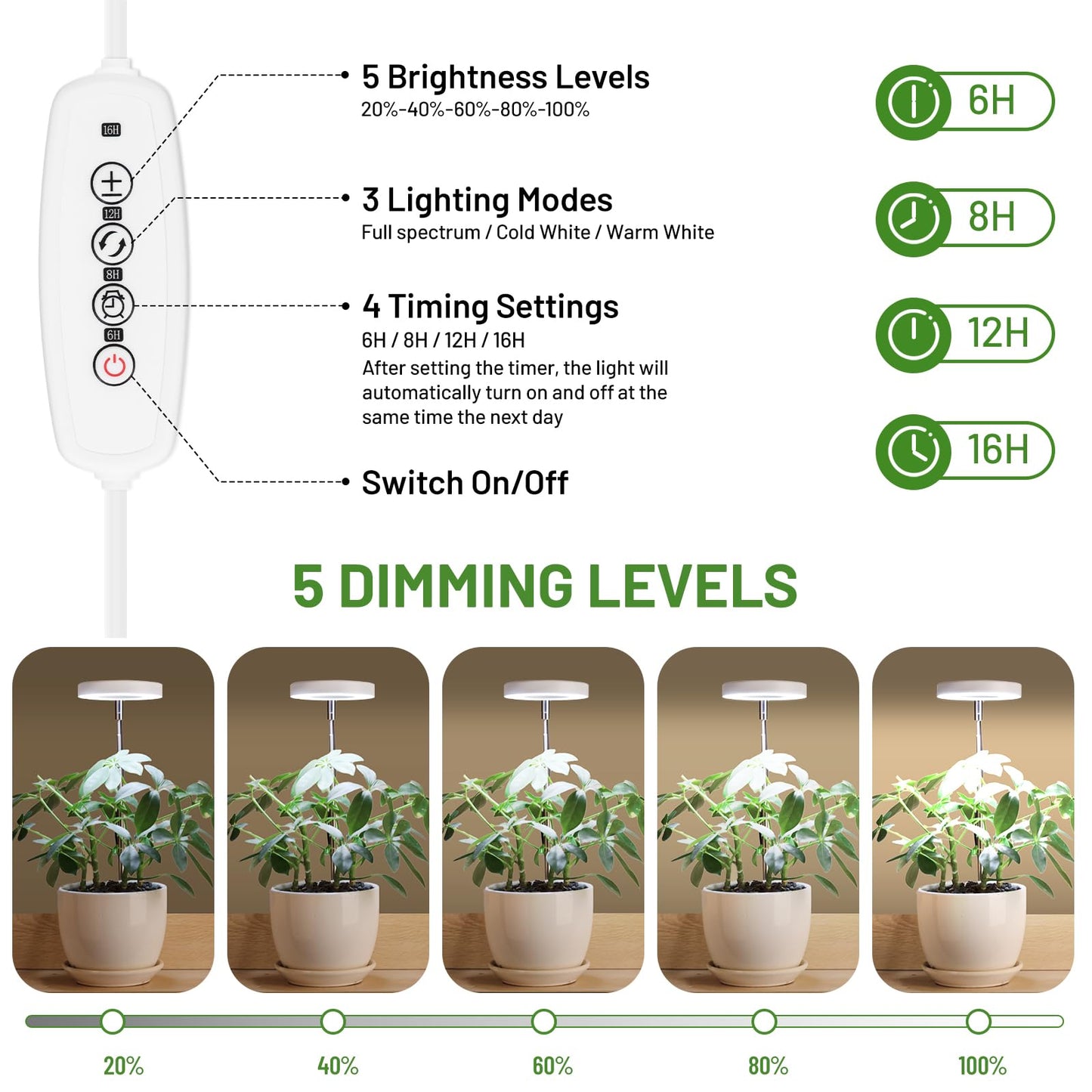 LBW Grow Light for Indoor Plants, Height Adjustable Plant Grow Lamp with Auto On/Off Timer 6/8/12/16H, 3 Colors,5 Dimmable Brightness, for Small Plants, White, 3 Packs