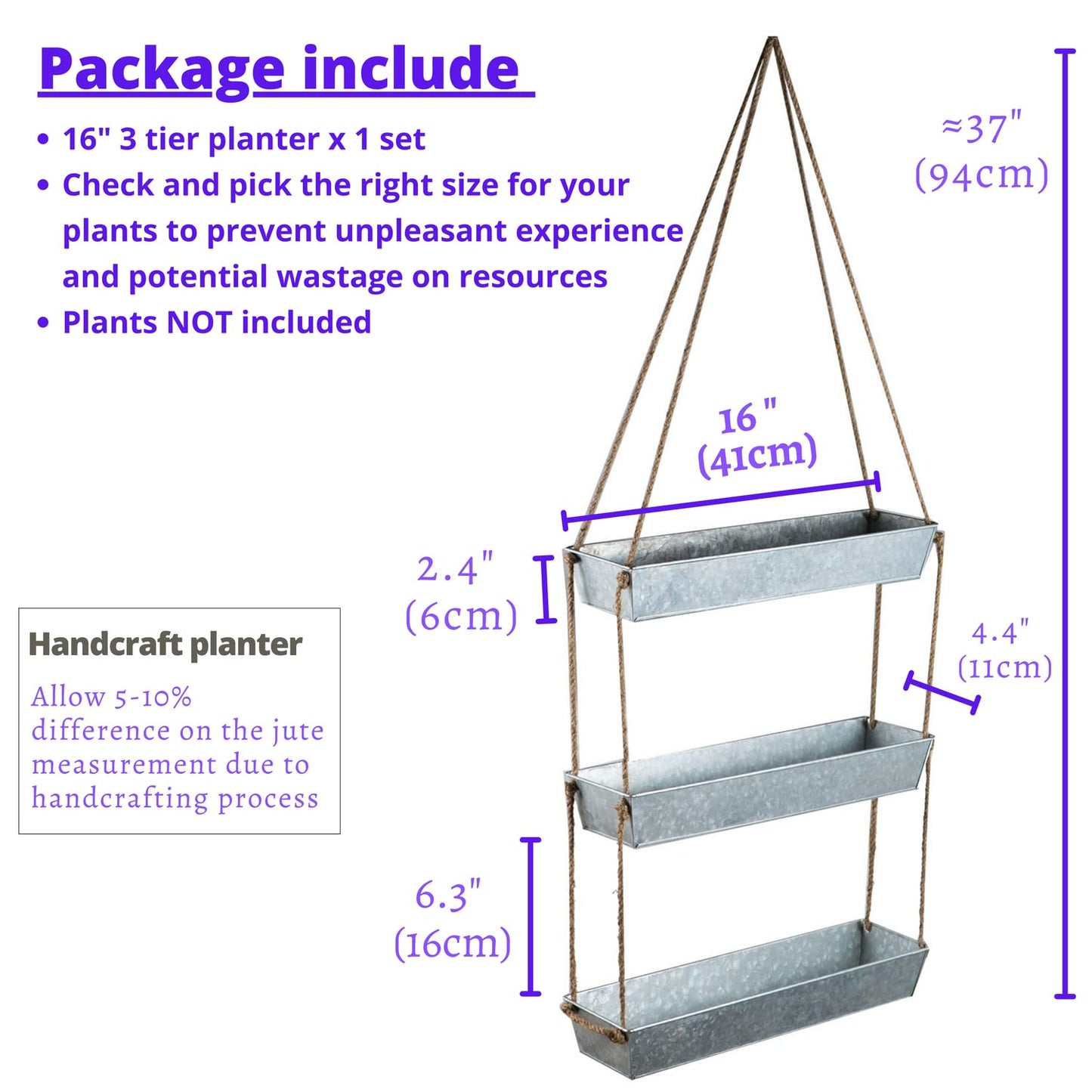 LaLaGreen Wall Hanging Planter - 16 Inch Indoor Wall Planters, 3 Tier Succulent Planters, Metal Silver Window Herb Garden Rectangle Hanging Vertical Plant Pot