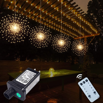 SHUKAN 4 Pcs 800 LED Plug-in Starburst Sphere Lights, Firework Light 8 Modes Dimmable Remote Control Waterproof Hanging Fairy Light, Copper Wire Lights for Patio Party Tent Christmas (Warm White)