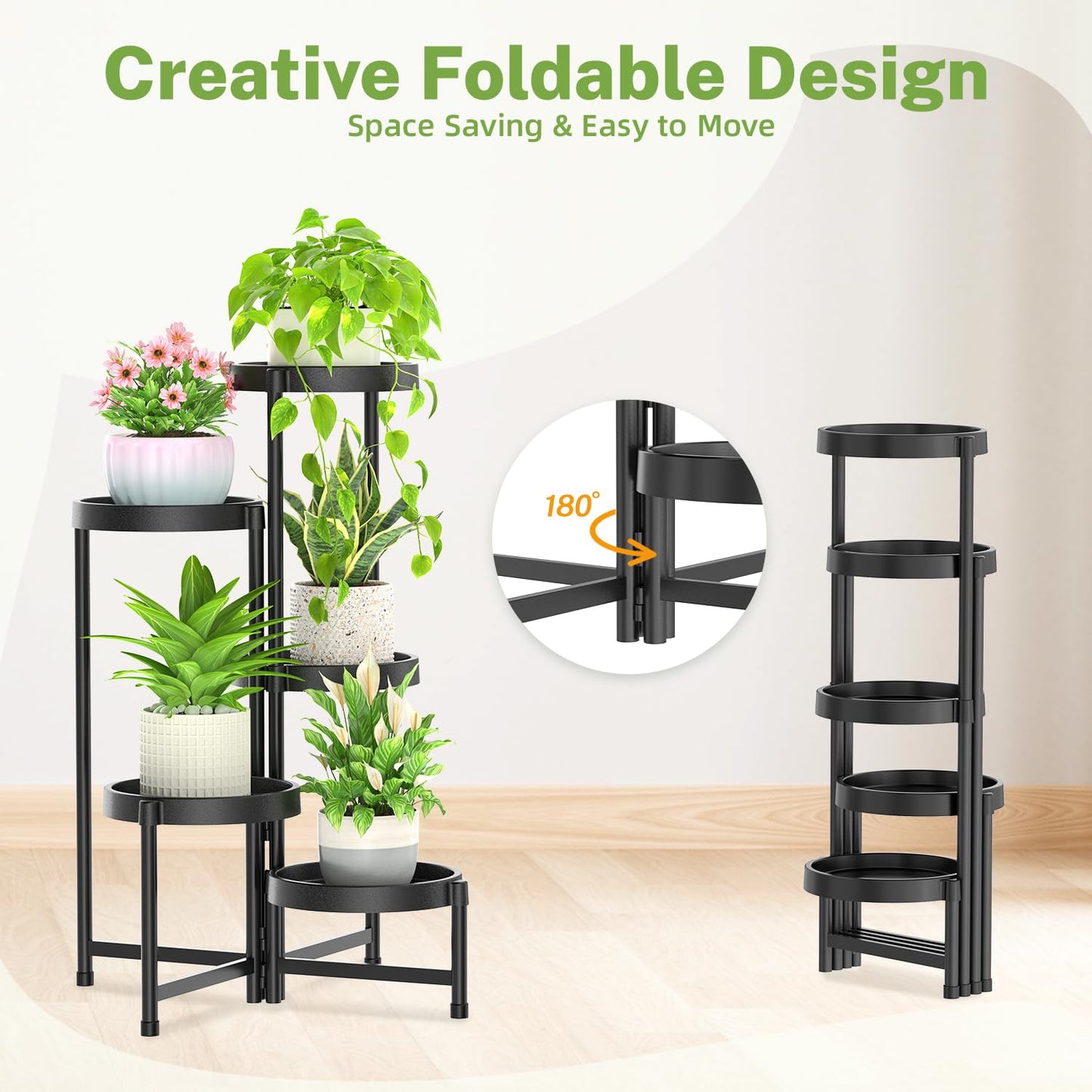 iDavosic.ly 5 Tier Folding Plant Stand Indoor Outdoor with Grow Light, Tiered Corner Flower Holder Shelf with Plastic Tray, Metal Orchid Display Rack for Patio Porch Living Room Garden Balcony, Black
