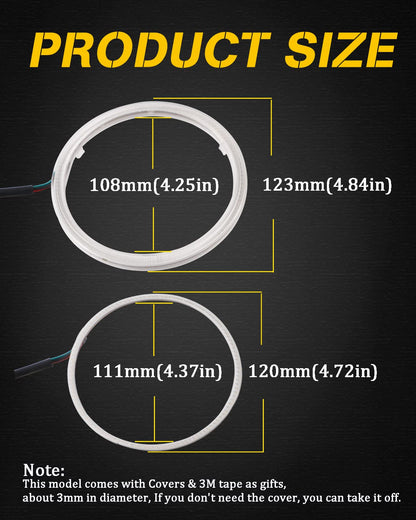 QasimLED 1-Pair 120MM 120SMD COB RGB LED Halo Ring Angel Eyes Universal for Motorcycle Car Headlight Warning Lamp with Cover Bluetooth Mobile APP Control 12V DC