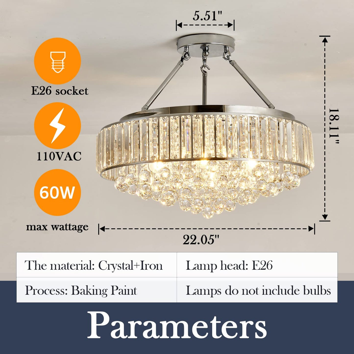 YYJLX 6 Light Modern Large Round Crystal Chandelier Chrome Semi Flush Mount Ceiling Light Fixtures E26 Ceiling Lamp for Dining Room Living Room Laundry Room Foyer Kitchen Balcony Bedroom(Silver).