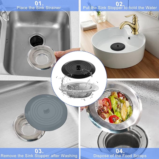 V-TOP Sink Strainer Stopper 4 Pack, Universal Silicone Kitchen Sink Drain