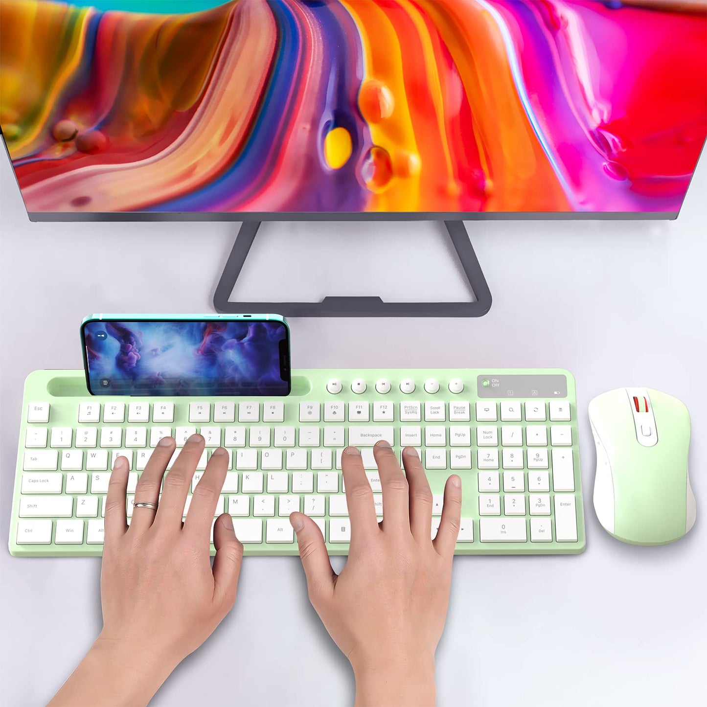 Wireless Keyboard and Mouse Combo, MARVO 2.4G Ergonomic Wireless Computer Keyboard with Phone Tablet Holder, Silent Mouse with 6 Button, Compatible with MacBook, Windows (Black)