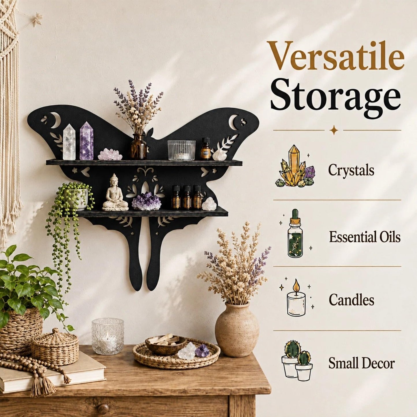 HBSGS Crystal Display Shelf Wall Gothic Shelves with LED Light, Luna Moth Theme, for Trinket, Crystal Rock, Gem, Healing Stone, Essential Oil (Moth-15.7 * 11.8inch/40 * 27.5cm)