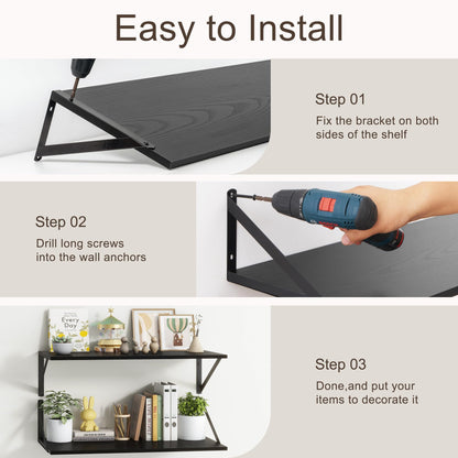 Fun Memories 10 Inch Deep Floating Shelves, Black Floating Shelf 16 Inch Long, 16" W x 10" D Wall Shelves Set of 2, Deep Shelves for Books, Wide Floating Shelves for Bahtoom, Living Room, Kitchen