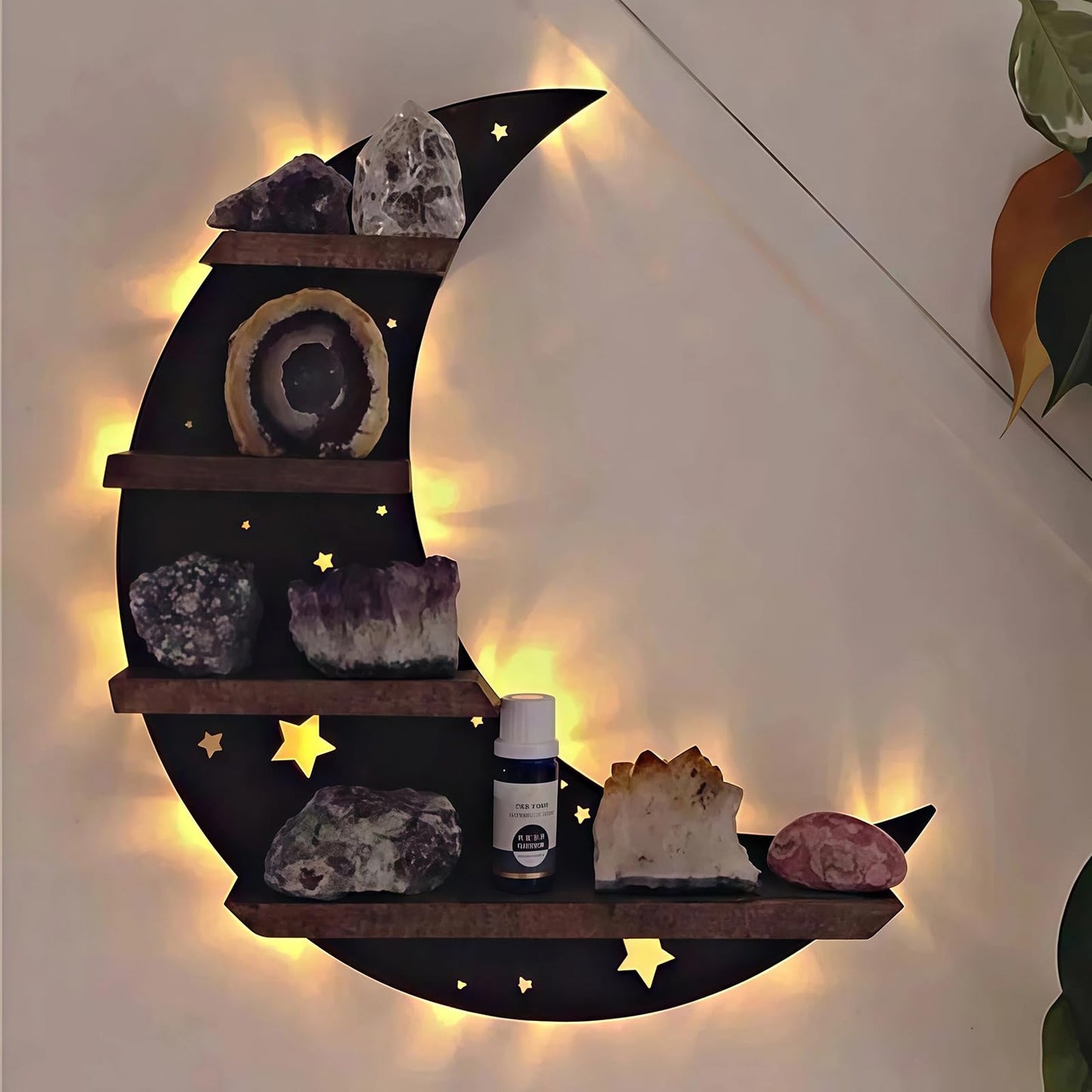 HBSGS Crystal Display Shelf with LED Light, Crescent Moon Wall Shelf for Crystals, Gothic Witchy Room Decor, Wooden Shelf for Essential Oils, Trinkets & Gifts(Moon-38.5 * 36.5cm/15 * 14.4inch)