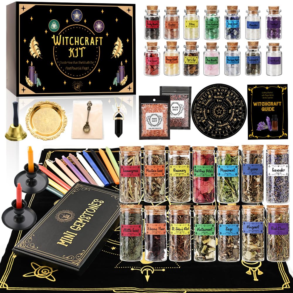 Cikuco Witchcraft Supplies Kit for Witch Spells,63PCS Witch Stuff,Wiccan Supplies and Tools,Including Herbs for Witchcraft,Crystals and Healing Stones,Spell Candles,Wiccan Starter Kit