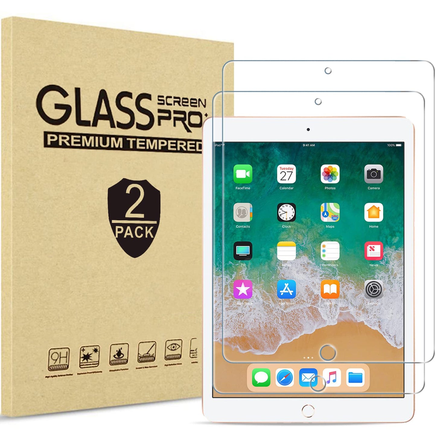 ProCase 2 Pack Screen Protector for iPad 9th 8th 7th Generation 10.2 Inch (2021/2020/2019), Tempered Glass Film for A2602 A2603 A2270 A2197 -Clear