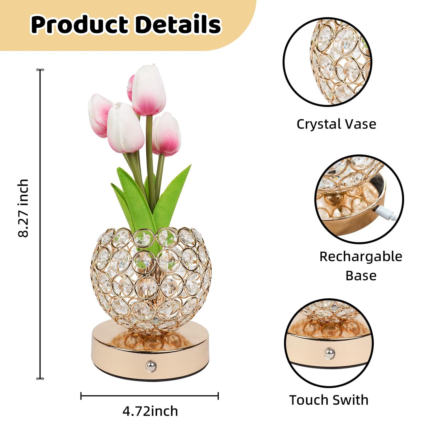 Komothala Tulip Flower Lamp,4000mAh Rechargeable Cordless Lamp with 3-Colour Stepless Dimming,Touch Control Cordless Table Lamp Night-Light for Home Decor,Unique Birthday Gifts for Women