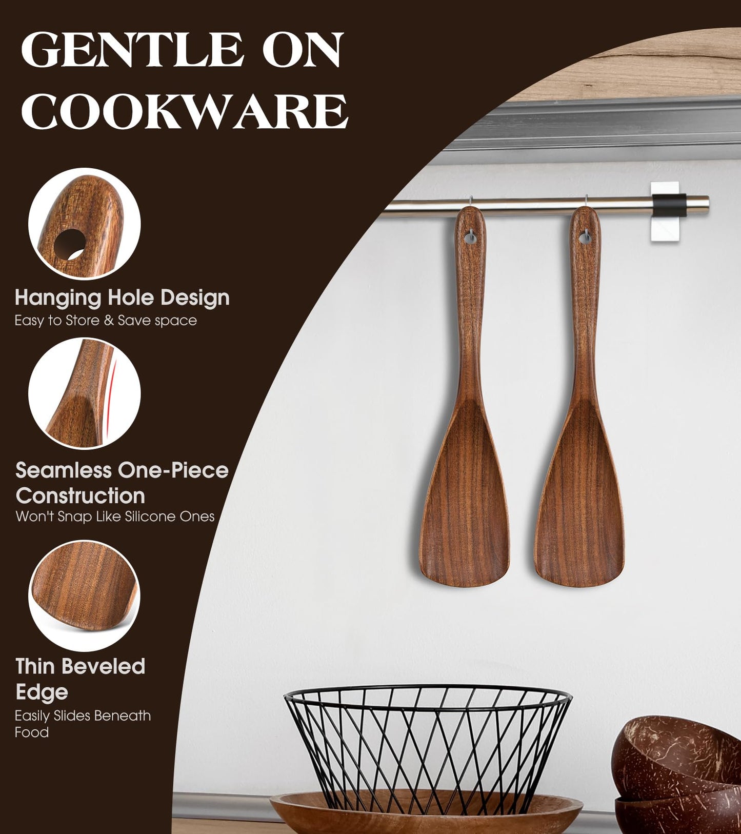 2Pcs Wooden Spatula Spoon, Multifunction Cooking Spoon for Nonstick Cookwares, Heat Resistant Acacia Wooden Spoon Spatula for Cooking, Mixing, Scooping, Scraping, BPA-Free, 11.6 x 2.8 Inch