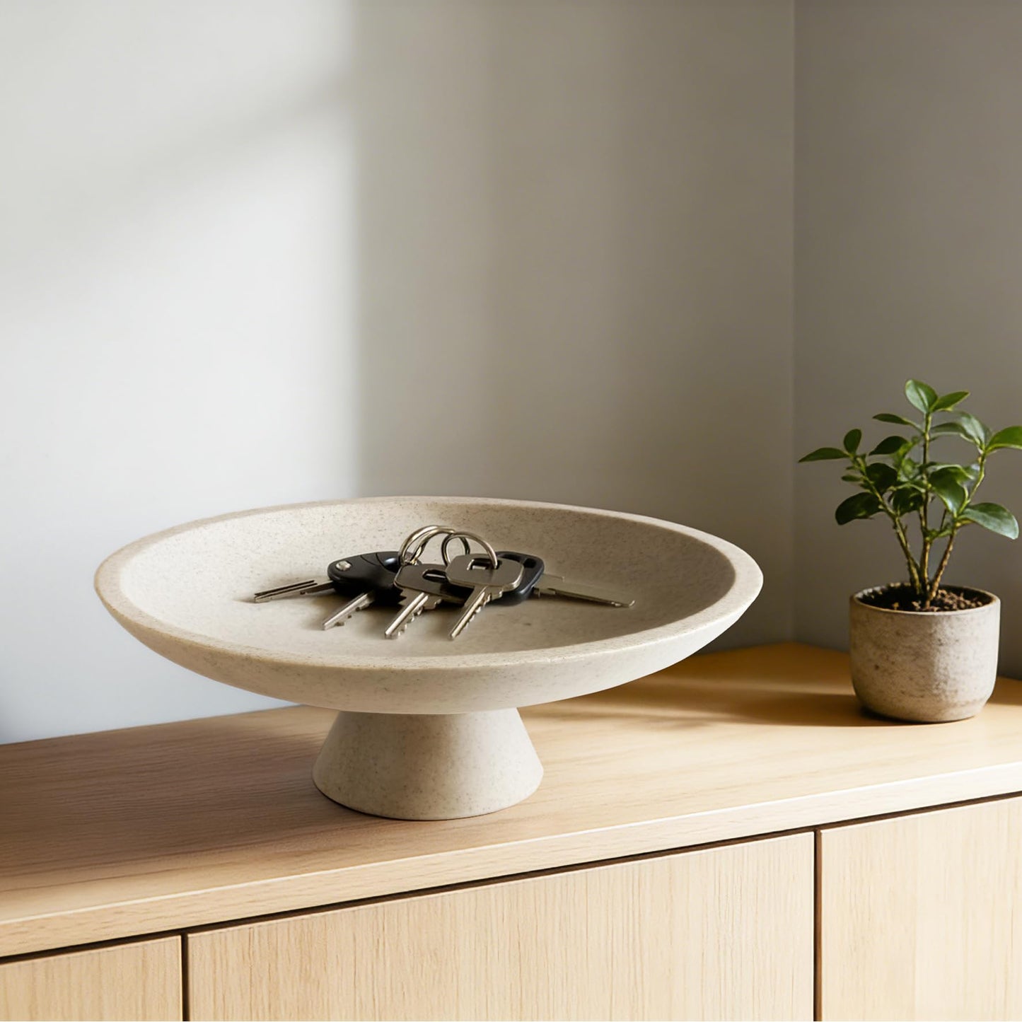 Plukers Large Modern Decorative Bowl for Home Decor Fruit Organic Catch All Key Kitchen Entryway Shelf Coffee Table With Pedestal,Artificial Stone Beige