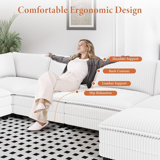 Vesgantti 143" L Shaped Modular Sectional Sofa, Comfy Corduroy Upholstered