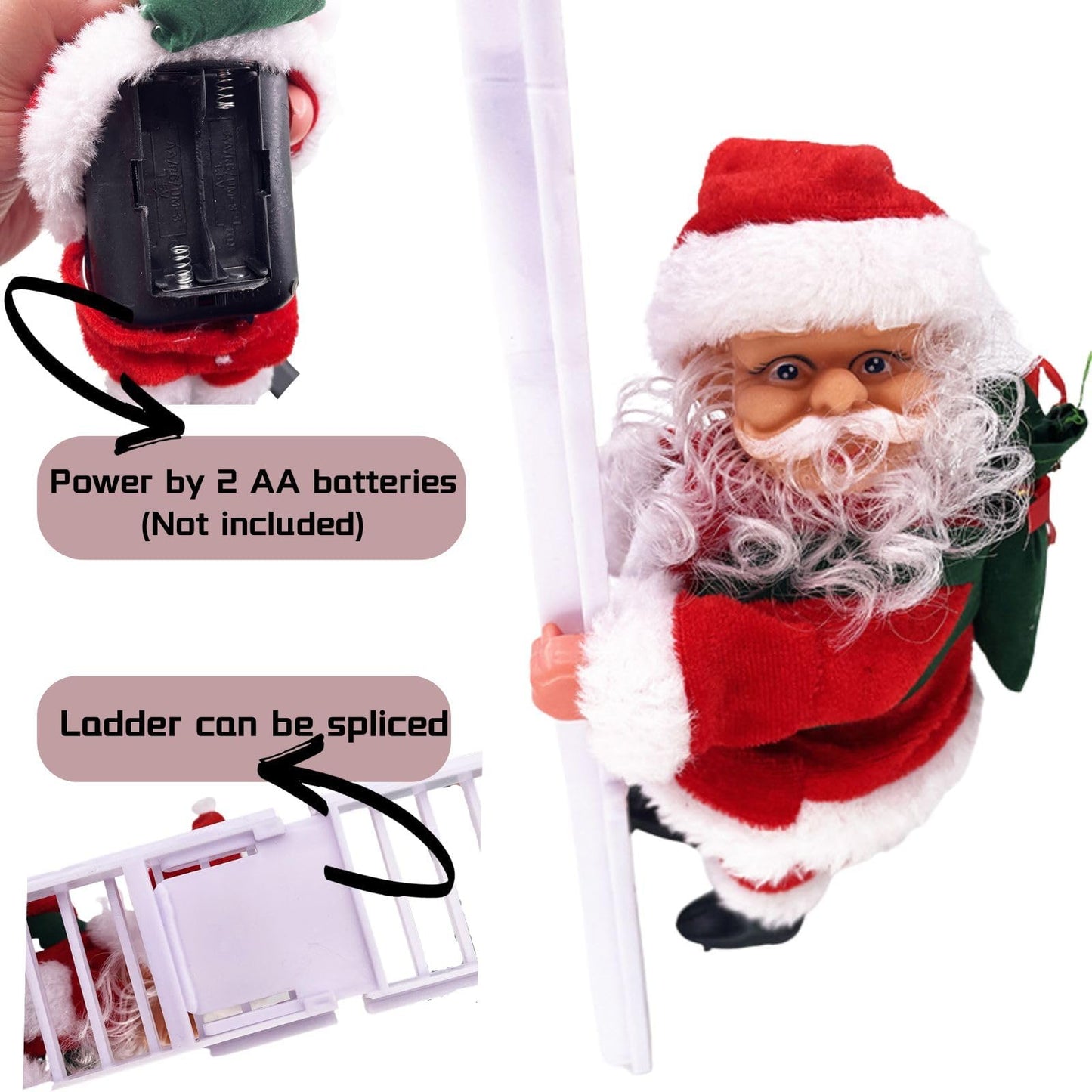 Electric Santa Climbing Up and Down Tree with Music, Bag of Presents - Holiday Decor for Home, Door, Wall - Xmas Ornament