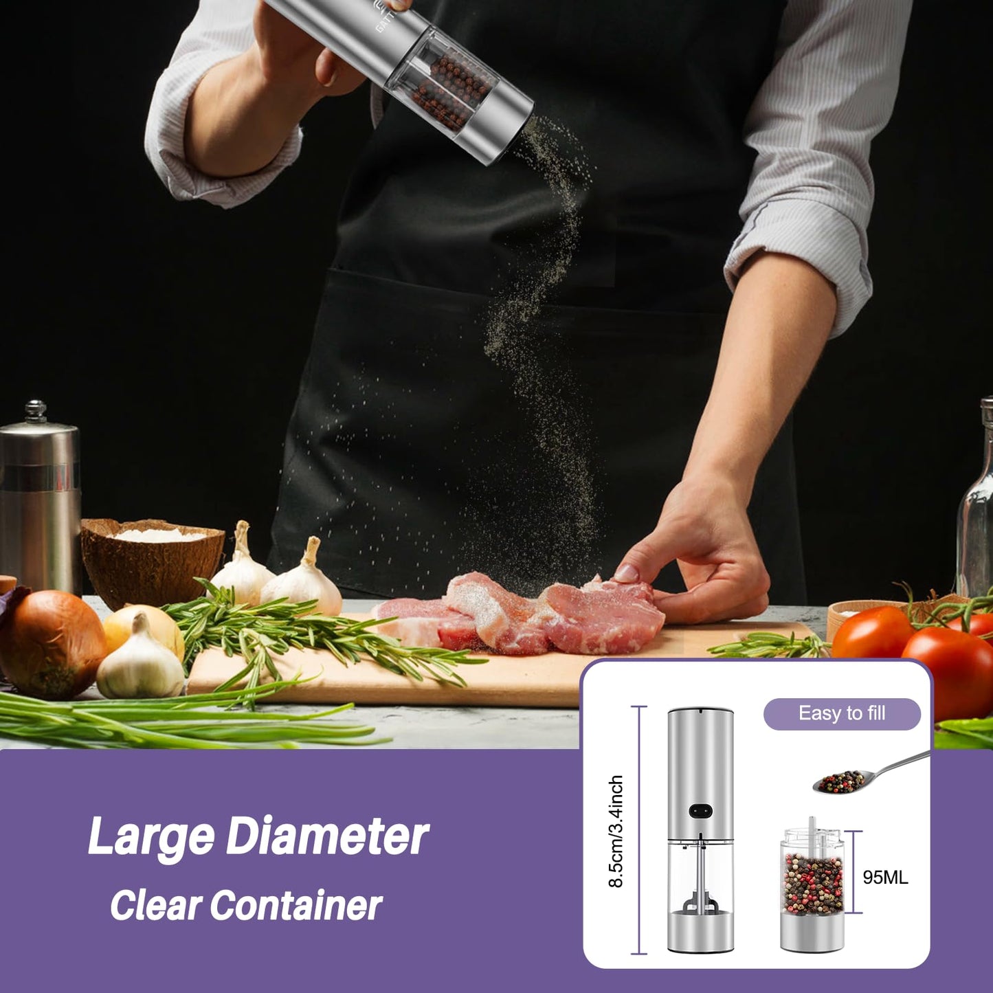 Electric Salt and Pepper Grinder Set, Automatic Pepper Mill Grinder w/Upgraded Charge Base and LED Light,Adjustable Coarseness,Rechargeable Black Peppercorn & Sea Salt Spice Mill Set