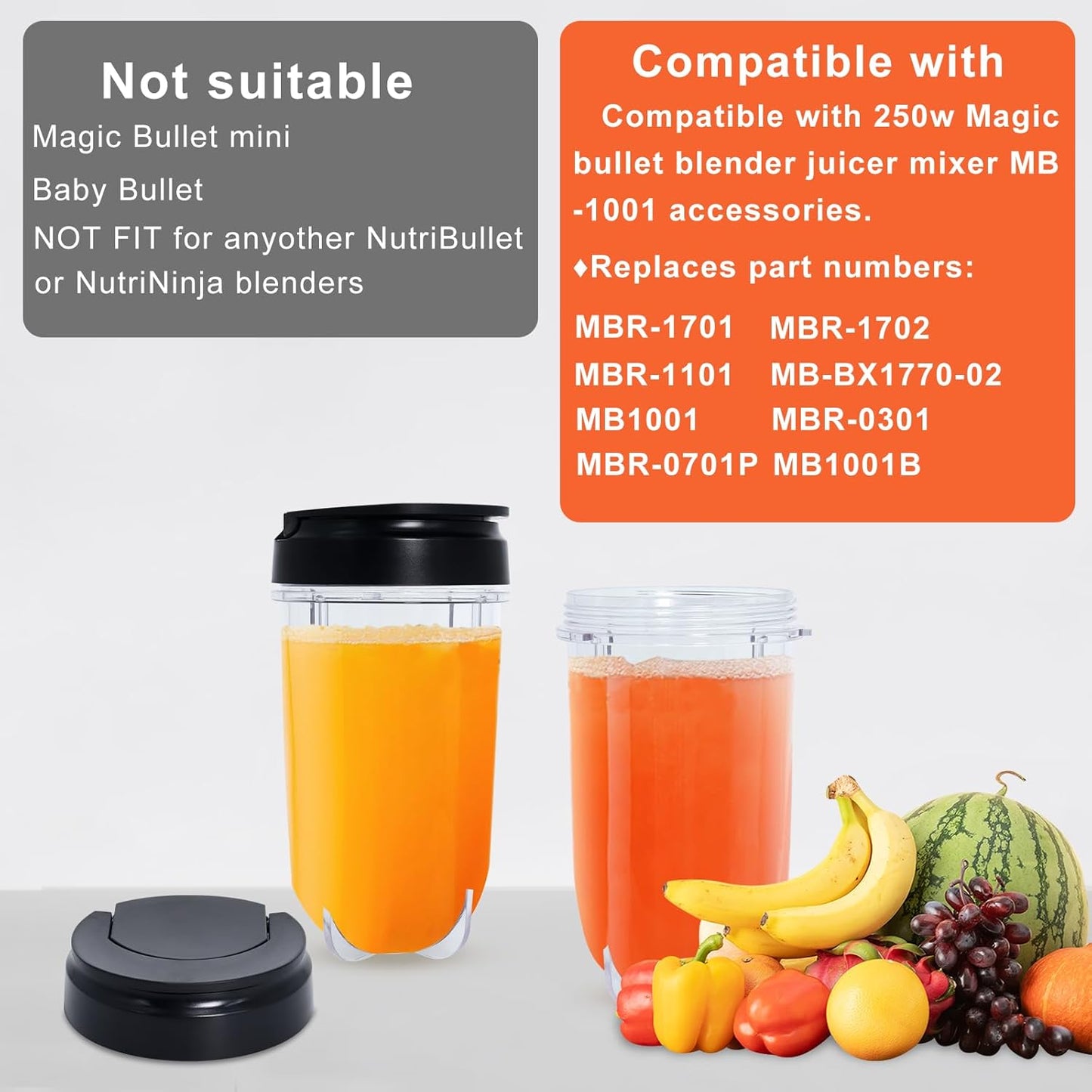 MB1001 16OZ Replacement Cups with Lids Compatible with Magic Bullet 250W Blenders Juicer with Brush 3 Packs