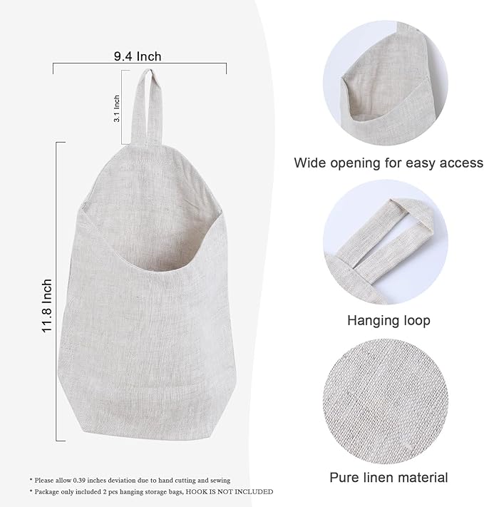 100% Linen Hanging Storage Bags Baskets 2 Pcs, Small Wall Storage Bag