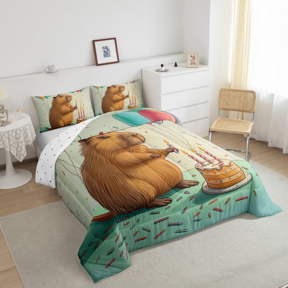 Erosebridal Cute Beaver Toddler Size Bedding Set for Kids, Wild Animal Comforter Set for Bedroom, Wildlife Down Comforter, Happy Birthday Cake Candle Balloon Duvet Insert