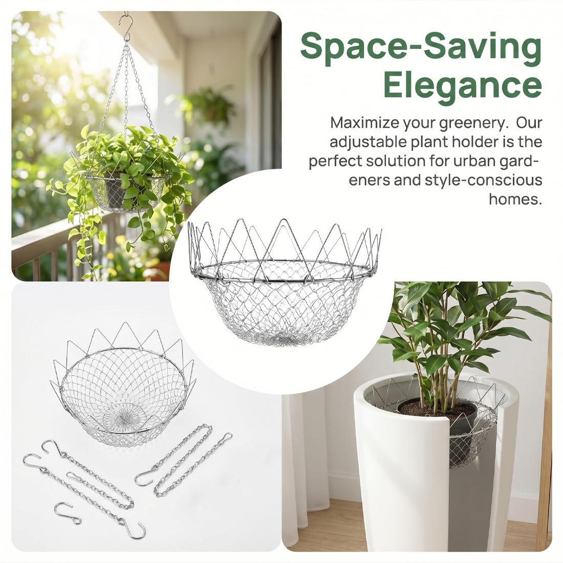 Adjustable Planter Insert, Heavy-Duty Rustproof Stainless Steel Plant Riser for Large Pots, Outdoor and Indoor Flower Pot Filler with Chains, Decorative Plant Elevator for Home Patio Balcony Garden