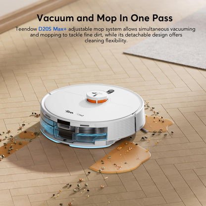 Teendow D20S Max+ Robot Vacuum and Mop, Specifically Handling Pet Hair Design, 6000Pa Max Suction, with Self-Empty Dock, 10 Weeks Hands-Free Cleaning, PreciSense LiDAR Navigation, App & Voice Control