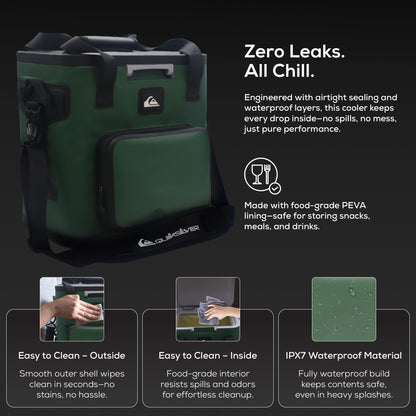 Quiksilver Zipperless Box Cooler 20L, Holds 24 Cans, 48 Hour Insulation, Leakproof & Waterproof Design, Heavy Duty TPU, IPX7, Padded Straps, Kangaroo Pockets, Bottle Opener (Trekking Green)