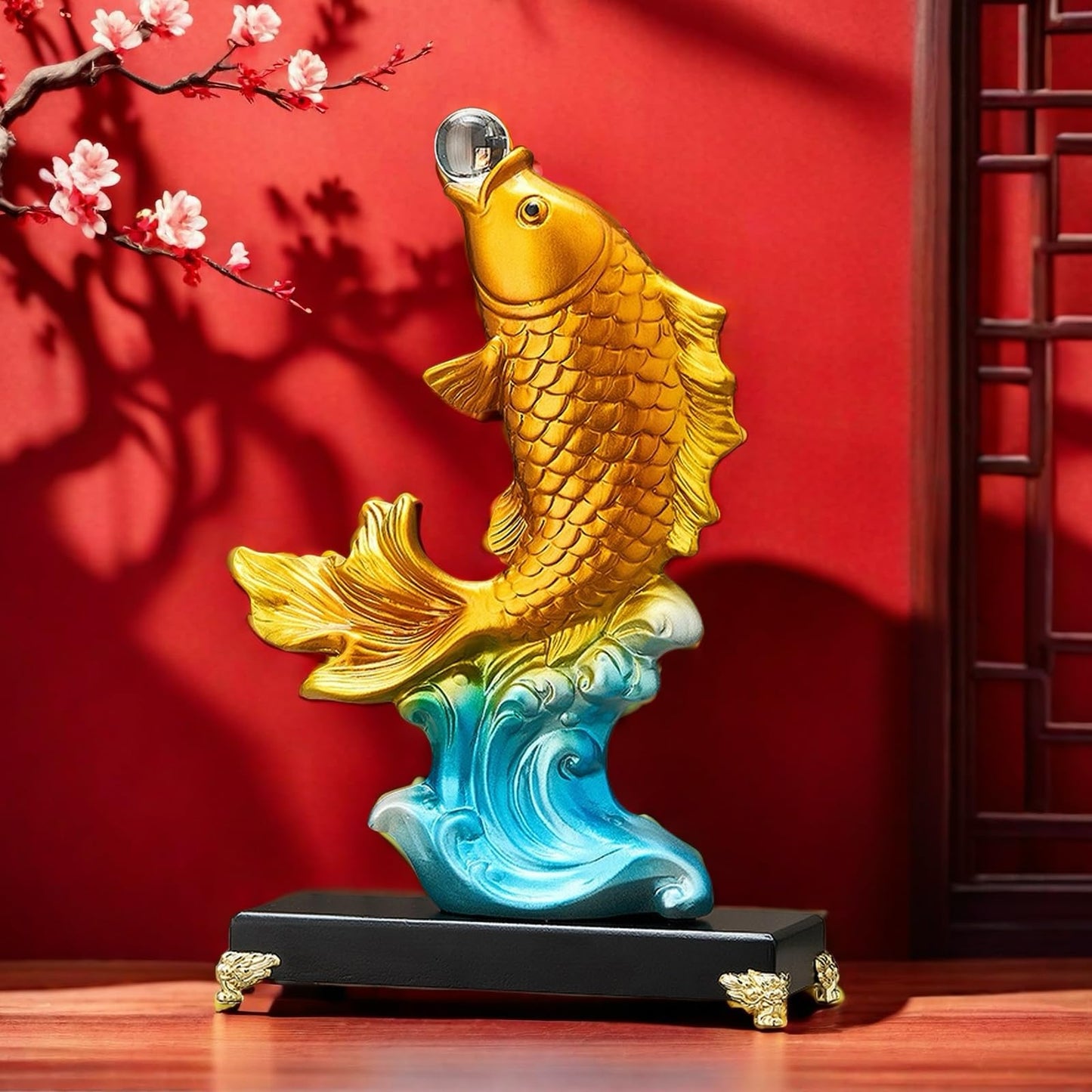 FUNSXBUG 13.3 Inch Large Chinese Feng Shui Fish Statue Sculpture Collectible Figurine Feng Shui Decor Home Office Decoration Tabletop Decor Ornaments Good Lucky Gifts (Gold)