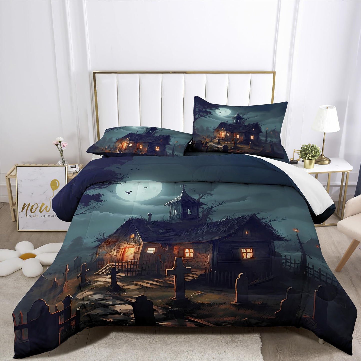Halloween Haunted House Design Comforter Set | Horror Festive Spooky Manor Prints Bedding Set | with Soft Comforter+2 Pillow Shams(3PCS) or Sheet (4PCS) (D,Queen-3PCS)