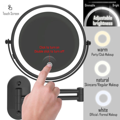 Ruacq Rechargeable Wall Mounted Makeup Mirror with Lights, Double Sided 1X/10X Magnifying Vanity Mirror with 3 Color Lighting, Touch Screen Dimmable, 360° Rotation Extension Foldable Arm(Matte Black)