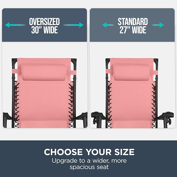 Best Choice Products 30” Wide Folding Zero Gravity Outdoor Recliner Patio Lounge Chair w/Adjustable Canopy Shade, Headrest, Side Accessory Tray - Pink