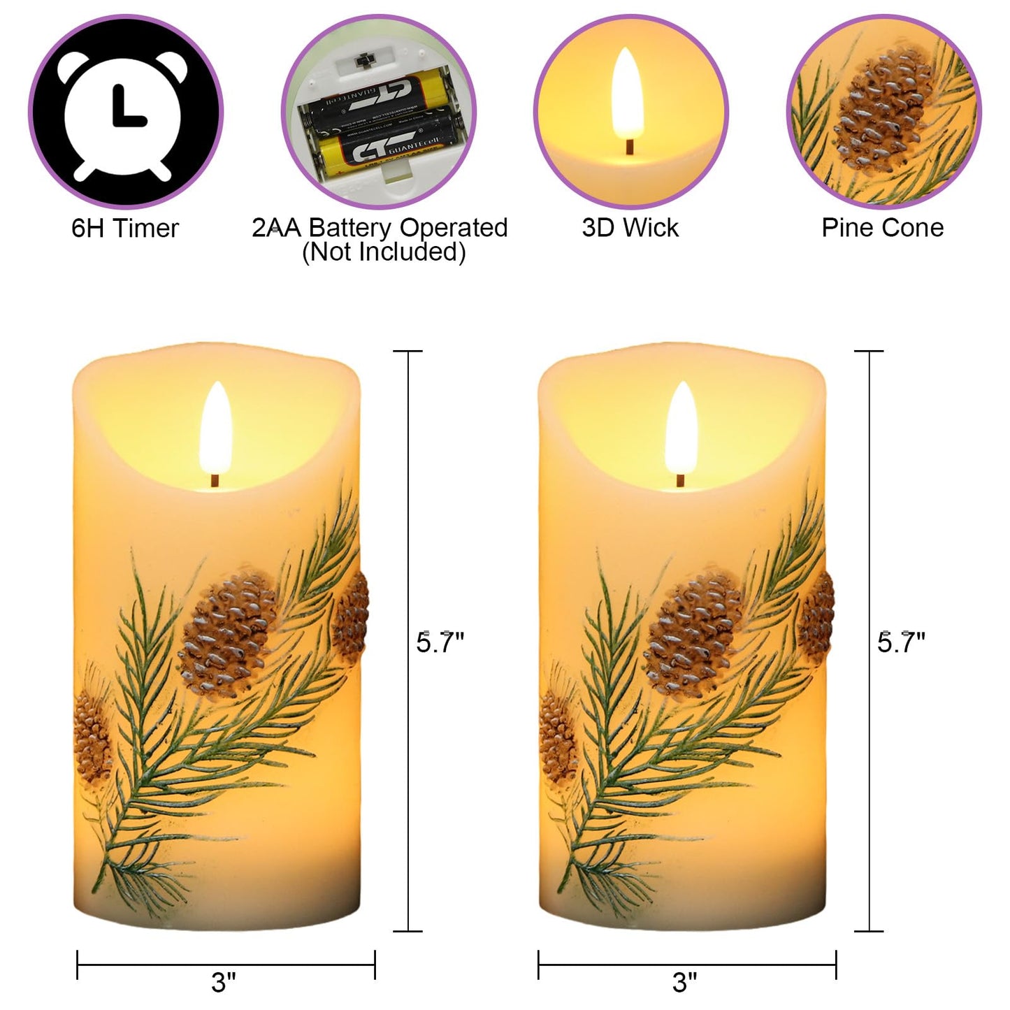 Eldnacele Christmas Flameless Candles with 6 Hour Timer, Battery Operated Hand Painted Pine Cone Real Wax 3D Wick Flickering LED Pillar Candles for Dinner Indoor Holiday Xmas Decor(2Pcs, D3×H5.7)