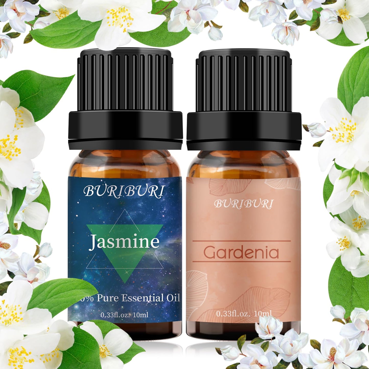 BURIBURI Jasmine Oil and Gardenia Essential Oils Gift Set, 100% Pure, Undiluted, Natural, Organic Aromatherapy Jasmine Essential Oils for Diffuser, Massage, 10MLx2