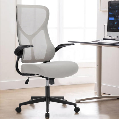Sweetcrispy High Back Office Chair - Ergonomic Computer Gaming Mesh Chairs with Lumbar Support, with Soft Flip Up Arms, Adjustable Height and 360° Wheels, 120° Tilt, Grey