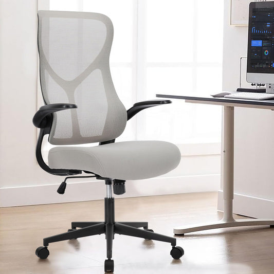 Sweetcrispy High Back Office Chair - Ergonomic Computer Gaming Mesh Chairs with Lumbar Support, with Soft Flip Up Arms, Adjustable Height and 360° Wheels, 120° Tilt, Grey