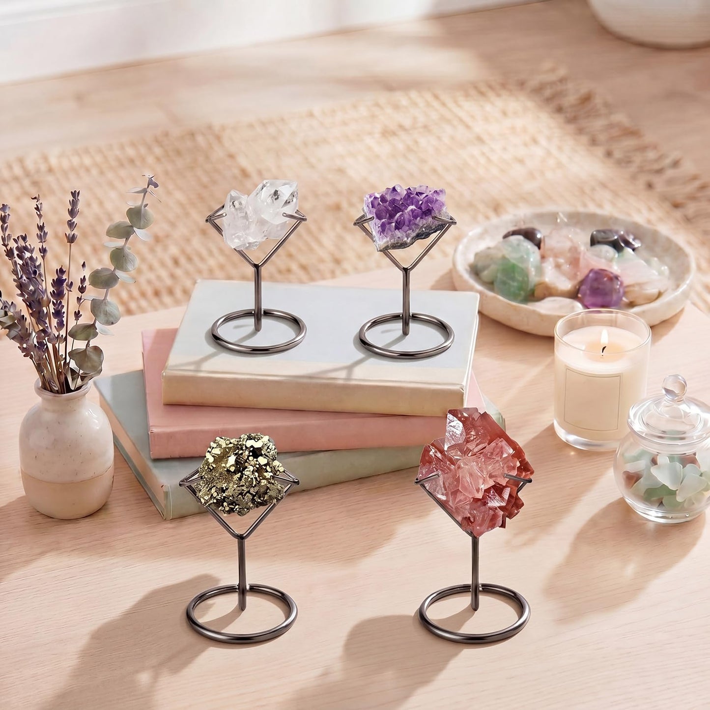 ElaraBerry 4 Pcs Rock Display Stand, Metal Black Crystal Display Holder Small Crystal Ball Holders for Small Gemstones Mineral Agate Home Office Decor
