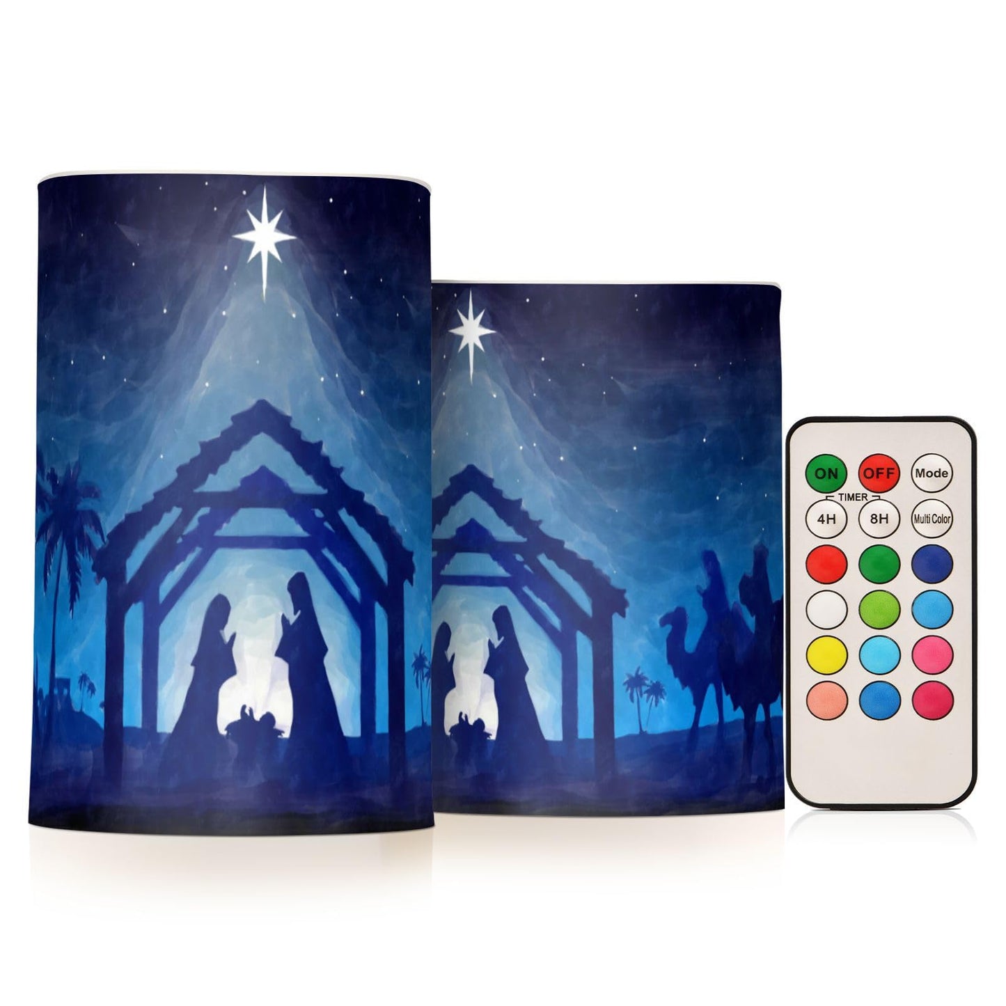 ALAZA Christmas Nativity Scene Blue Flickering Flameless Candles Battery Operated with Remote Timer,Tea Light Candles LED Pillar Votive Candles Set of 2 for Outdoor Indoor Decorations